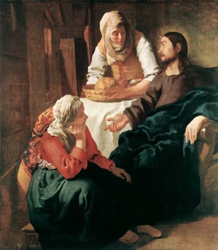 Rabbi sitting on chair, Mary kneeling at his feet, Martha standing in the background